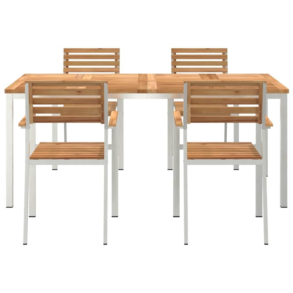 Moderno juego de comida al aire libre de 5 piezas, marrón, con marco de acero y tablas de madera, equipado con cojines con cremallera y reposabrazos ergonómicos, perfecto