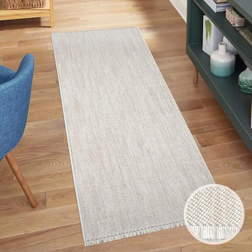carpet city Teppich-Läufer Kurzflor Flur - Creme - 80x300 cm - Teppiche Fransen Boho-Style -...