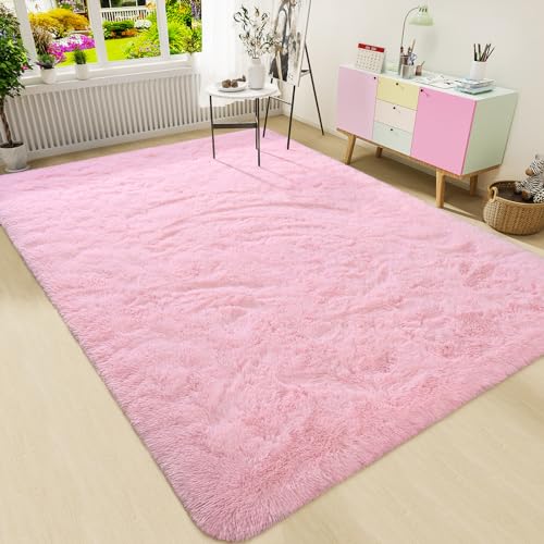 HOMORE Pink Rug for Girls, 5x8 Fluffy Shag Rugs for Living Room, Soft Bedroom Rugs for Kids Room, Cute Carpets for Dorm, Furry Rug for Nursery Indoor Decor