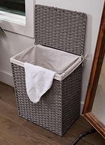 Birdrock Home Single Laundry Hamper With Lid - Grey - Liner Bag - Hand Woven - Small Collapsible Hampers - Foldable Bin - Synthetic Pe Rattan - Hand Woven - Clothes Basket #TOP3