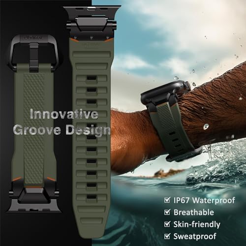 Image of ULTIMAL Rugged Band for Apple Watch Ultra 3 /2 /1 49mm, Series 11 /10 /9 /8 /7 /6 /5 /4 SE 46mm /45mm /44mm, Waterproof, Soft TPU Strap with Stainless Steel Buckle & Connectors, Sweat-Resistant, Easy to Clean, Fits 155-225mm Wrist (Black /green)