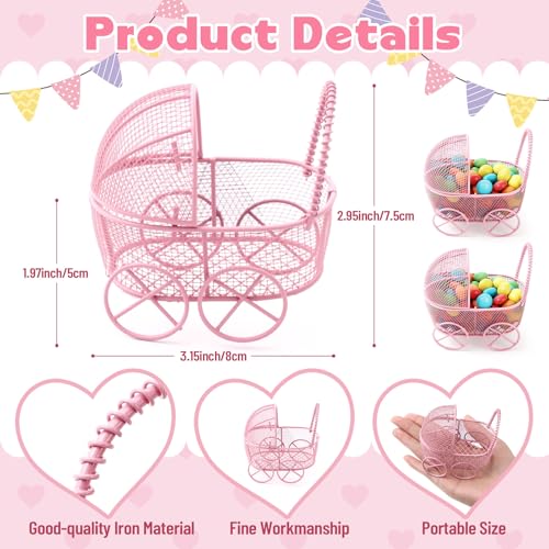 Image of Threehoney 24 Pcs Baby Shower Mini Carriage Decoration Pink Metal Wired Fillable Candy Stroller Baby Shower Table Centerpiece for Guest Gender Reveal Wedding Party Favor Gift