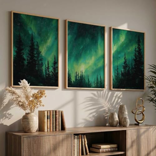Image of kotart Big Aesthetic Nature Art Wall Framed Posters | Aurora Borealis Northern Lights View Framed Painting for Living Room Bedroom Wall Decor Set Of 3 (35x37 Inch)