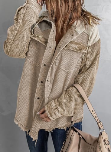 Dokotoo Womens 2024 Fall Corduroy Shacket Jacket Long Sleeve Button Down Color Block Hooded Coat with Pockets - Image 4
