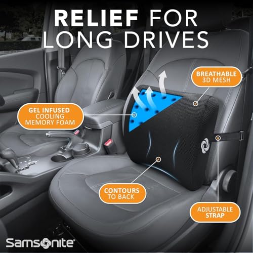 Image of Samsonite Memory Foam Lumbar Support Pillow for Office Chair, Gaming Chair & Car Seat Automotive Use, Home Office Essentials for Sitting Comfort and Posture Relief Back Support, Black with Cooling Gel