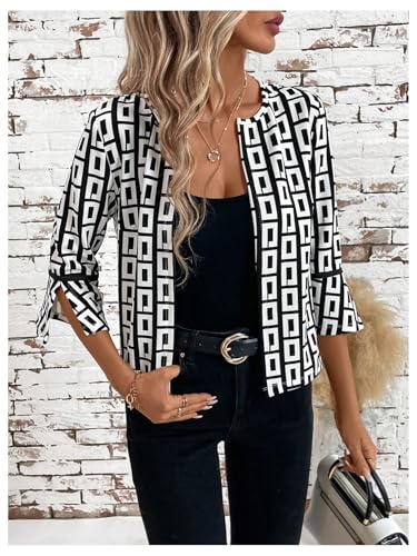 SweatyRocks Women's Open Front Flare 3/4 Length Sleeve Lightweight Cropped Jacket Casual Outwear2