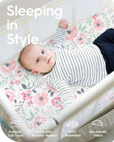 Image of Pack N Play Sheets Girl, TotBasic Floral Mini Crib Sheets Fitted, Premium Jersey Knit Pack and Play Sheets, Stretchy Play Yard Sheets for Pack and Play Mattress, 2 Pack (Pink Floral)