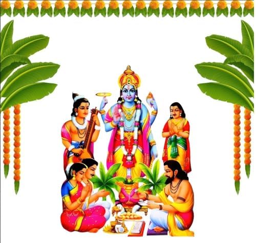Image of satyanarayana Swamy Backdrops Cloths Traditional Pooja Backdrops Decorations Cloth 8x8 feet, Multi Colur (Knit Fabric) Backdrop for Decoration| puja Backdrop Decoration Cloth | Pooja Backdrop Cloth
