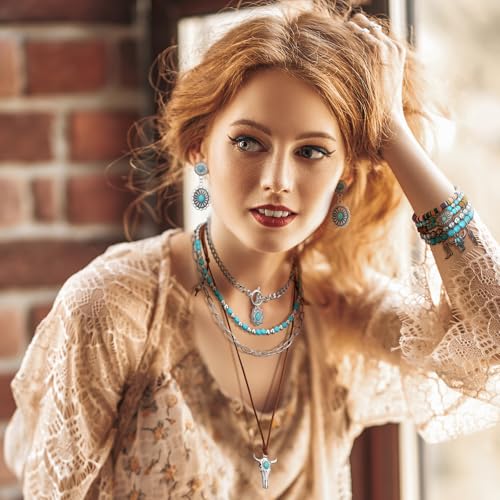 Image of Ecally Bohemian Western Jewelry Turquoise Set Women Country Pendant Long Choker Layered Bracelets Earrings Ring for Women