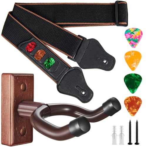 KKG Guitar Wall Mount,Guitar Strap Wood Guitar Hanger for Safe Storage and Display Sturdy Wall Hanger for Acoustic Electric Guitar Bass Banjo Mandolin (A:1 Hanger& 1 Strap)