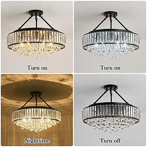 Yyjlx 6-Light Modern Large Crystal Chandelier Black Metal E26 Semi Flush Mount Round Ceiling Light Fixture Ceiling Lamp Farmhouse For Dining Room Living Room Laundry Room Foyer Kitchen Balcony Bedroom #TOP2