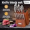 Knife Set – 14 Pieces Kitchen Knife Set with Block – German Stainless Steel Knife Block Set – Pine Wood Knife Block – Built in Knife Sharpener, Dishwasher Safe, Ergonomic Handle Knives, Brown