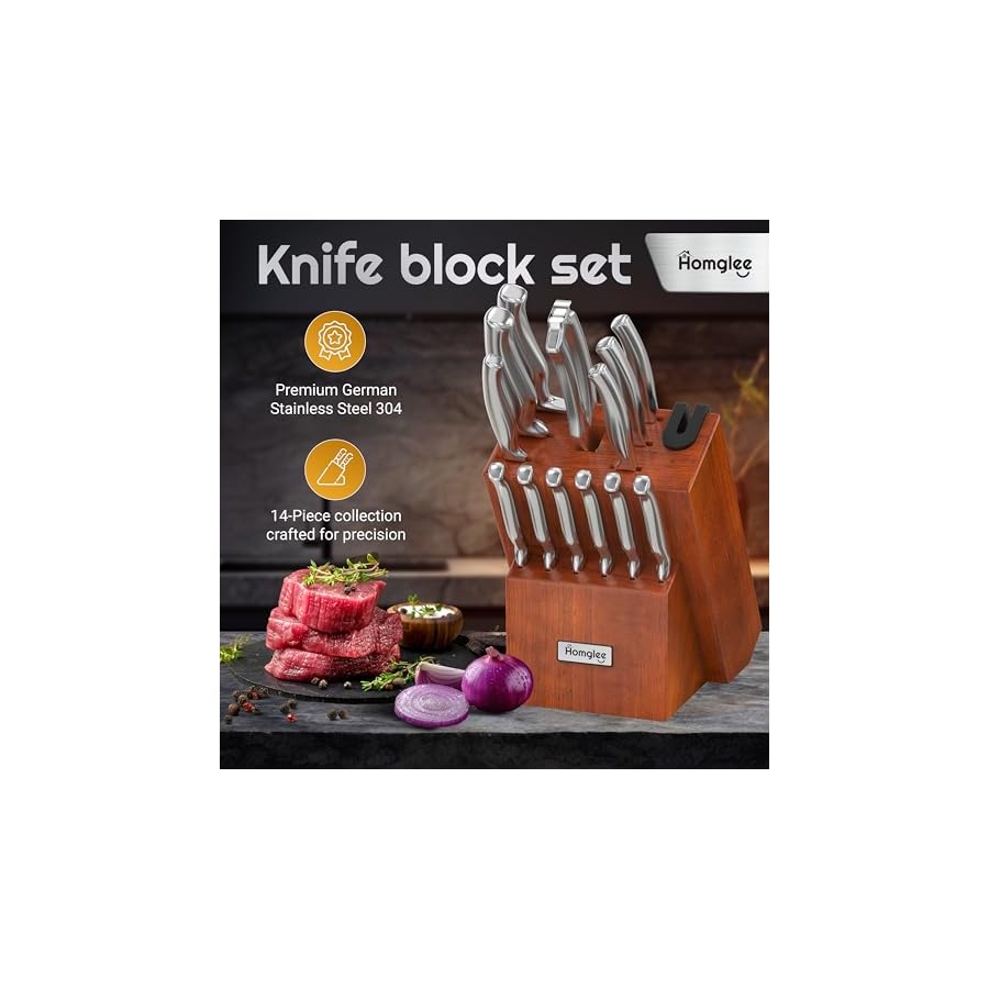 Knife Set – 14 Pieces Kitchen Knife Set with Block – German Stainless Steel Knife Block Set – Pine Wood Knife Block – Built in Knife Sharpener, Dishwasher Safe, Ergonomic Handle Knives, Brown