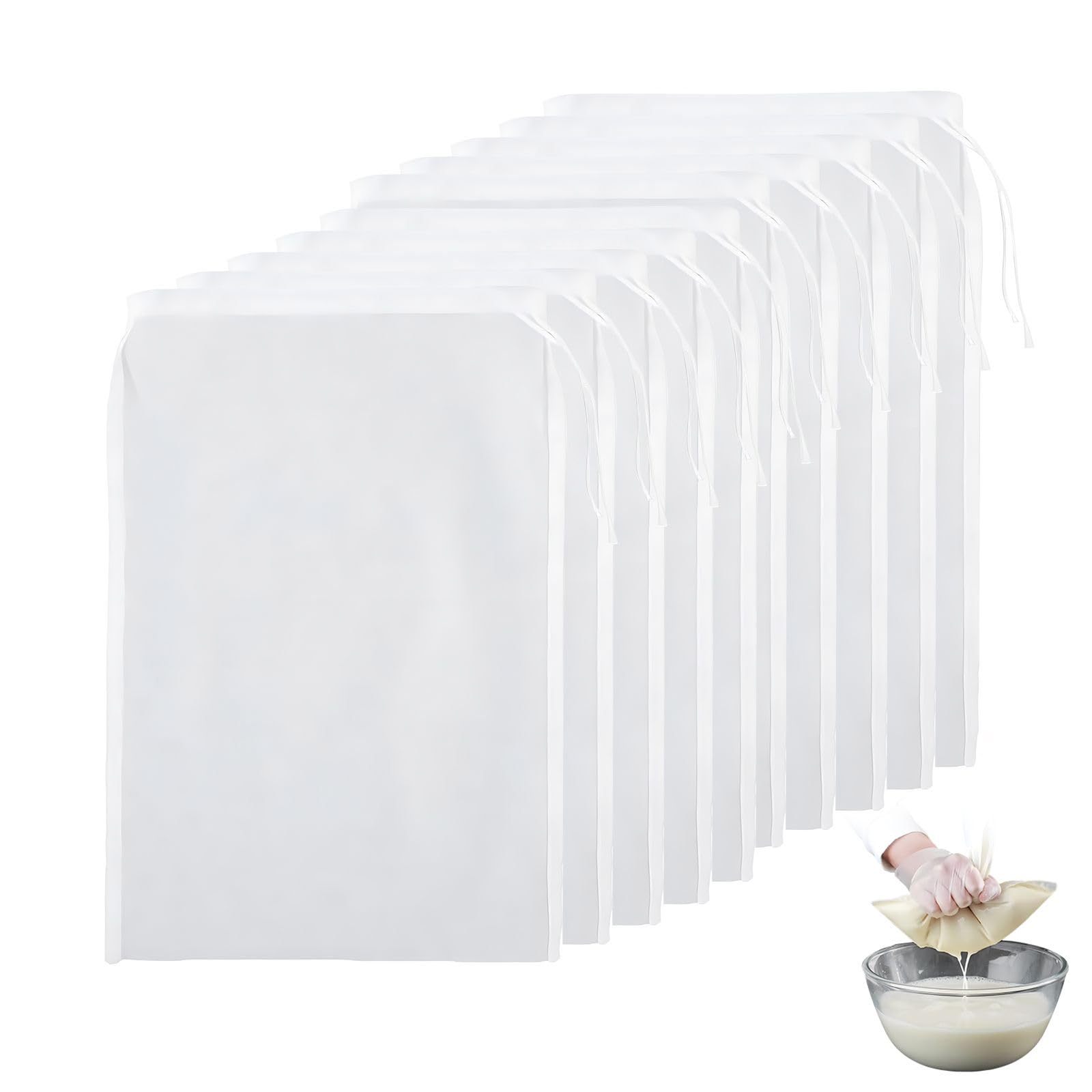 WLLHYF 4 Pezzi Sacchetto Filtro per Latte Di Mandorle a maglia fine riutilizzabili filtro con coulisse sacchetti di cotone per formaggio succo di frutta caffè succo di verdura 20 x 30cm