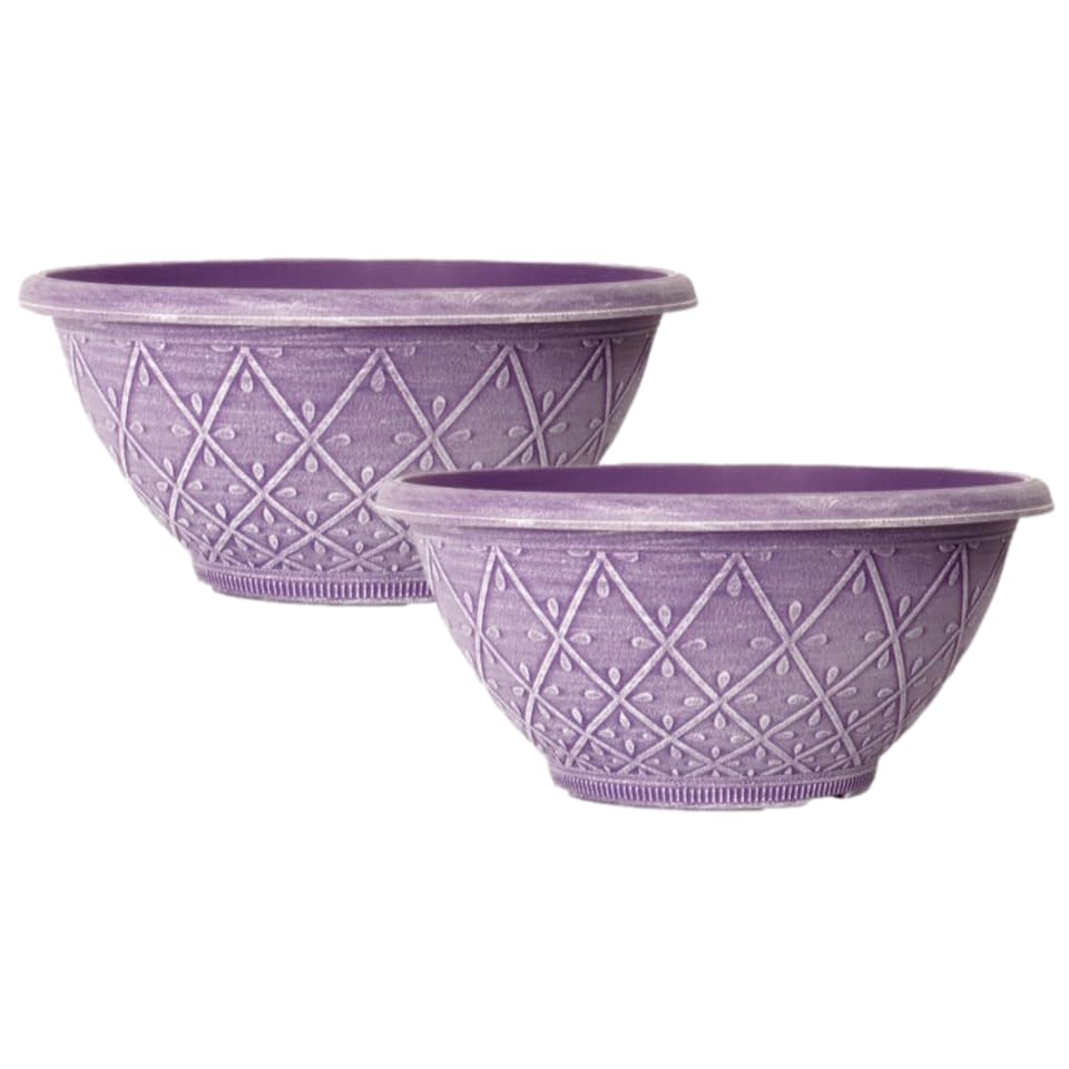 Fyne-Finds Set of 2 Plastic Prisma Bowl Planter 30cm,12inch Powdered Raisin 6L Plant Pot with Drainage Holes Home Garden Decor