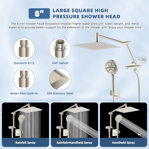 Image of Metal Rain Shower Head with Handheld, 8 inch High-Pressure Showerhead,10-Mode | Brushed Nickel, Rainfall Shower Head with 5 inch Large Handheld, Adjustable 16 inch Shower Extension Arm /71 inch Hose, 3-Way Diverter