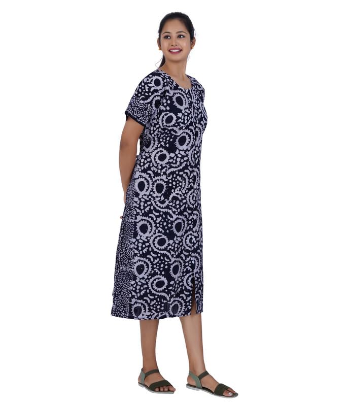 Women's [L- 4XL] Full Open /Front Buttoned [a kind of Adaptive Clothing]Multipurpose Nighty for Maternity/Pregnancy /Elderly /Patient/Feeding /Hospital Purpose Nighty(DarkNavy Batik - XXL/ Calf Length - Image 2 thumbnail