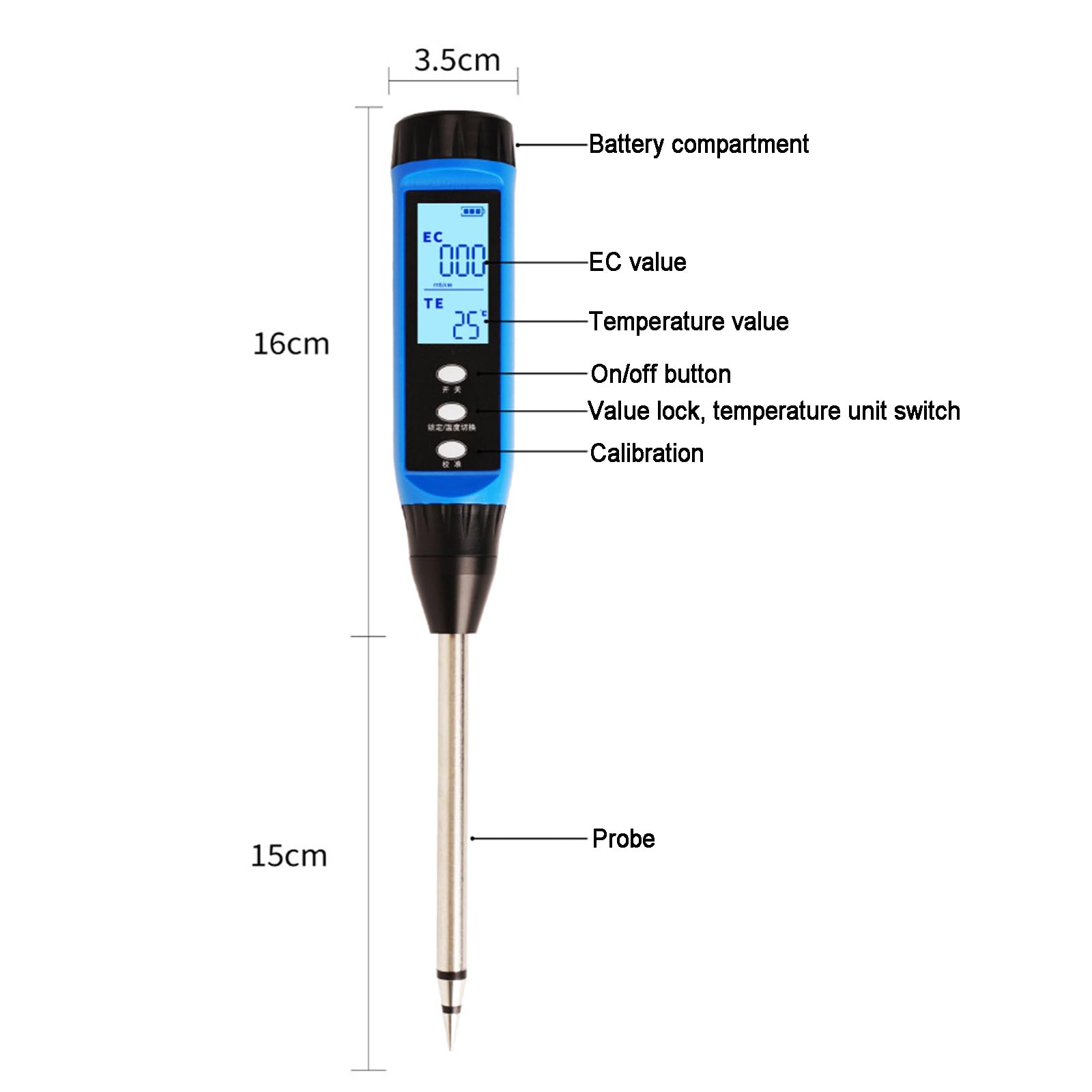 Kit di Analisi del Terreno Digitale, Misuratore di EC E Temperatura 2 in 1, con Sensore Elettrodo, Display LCD Retroilluminato, per Giardinaggio, Agricoltura, Allevamento, Prato, Piante