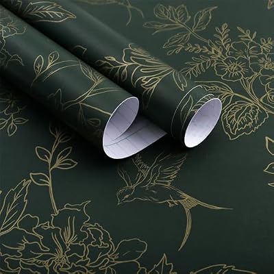 Froluya Dark Green and Gold Wallpaper Floral Peel and Stick Wallpaper 17.7"x118.1" Vintage Floral Contact Paper Peel and Stick Flowers Birds Removable Self Adhesive Wall Paper for Bedroom Cabinets