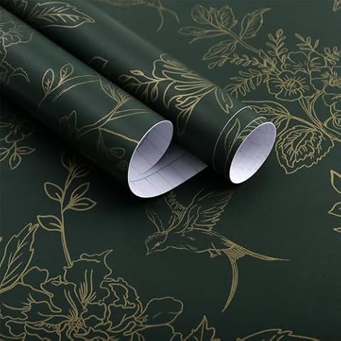 Froluya Gold and Dark Green Wallpaper Peel and Stick Wallpaper Removable 197"x17.7" Boho Vintage Floral Peel and Stick Wallpaper Self Adhesive Wall Paper for Bedroom Cabinets Shelf Liner Vinyl Roll Cover
