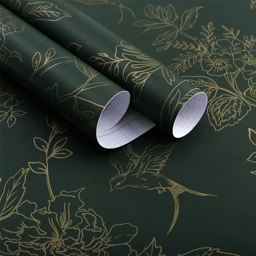 Froluya Dark Green and Gold Wallpaper Floral Peel and...