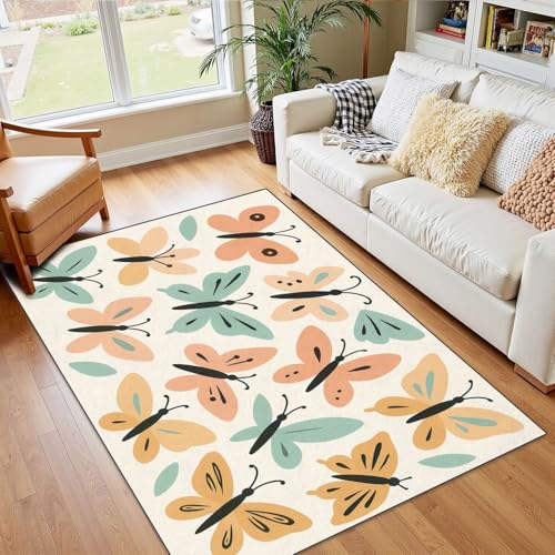 4x5 Boho Rug Rugs for Living Room Rugs for Entryway Butterflies Seamless Scandinavian Style Drawn Butterflies Bedroom Rug Door Mat Nursery Room Decor Rainbow Carpets