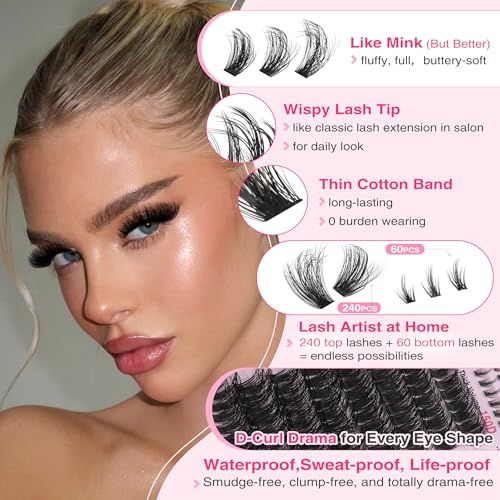 Image of Fluffy Lash Clusters Kit Volume Cluster Eyelash Extensions Kit D Curl Waterproof Eyelash Clusters 240pcs Individual Lashes Full Faux Mink Cluster Lashes and 60pcs Bottom Lashes for DIY Lash Extension