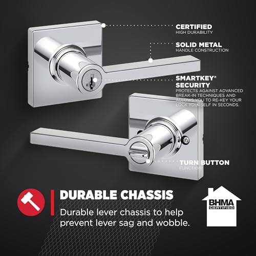 Image of Kwikset Casey Entry Door Handle with Lock and Key, Secure Keyed Reversible Lever Exterior, Door Lock, For Front Door Entrance and Bedrooms, Polished Chrome, Pick Resistant Smartkey Rekey Security