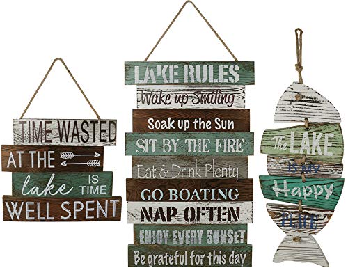 Wooden Sign Vintage Country Decor The Lake is My Happy Place Wooden Sign, Times Wasted at The Lake is Time Well Spent Wooden Sign, Wood Lake Rule Wall Sign, Wood Sign Rustic Vintage Country Primitive