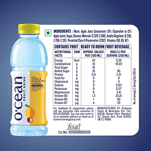 Image of O'CEAN Vegetarian Fruit Water Mango & Passion Flavor Enriched With Vitamins, Electrolyte & Glucose| 500Ml | Pack Of 12