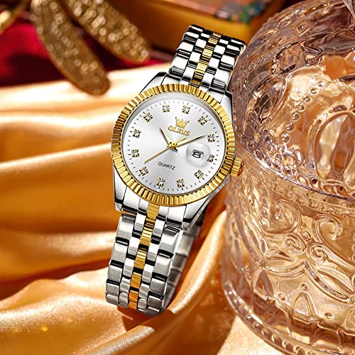 Image of OLEVS Womens Watches Diamond Luxury Dress Gold Wrist Watch Stainless Steel Waterproof Luminous Date