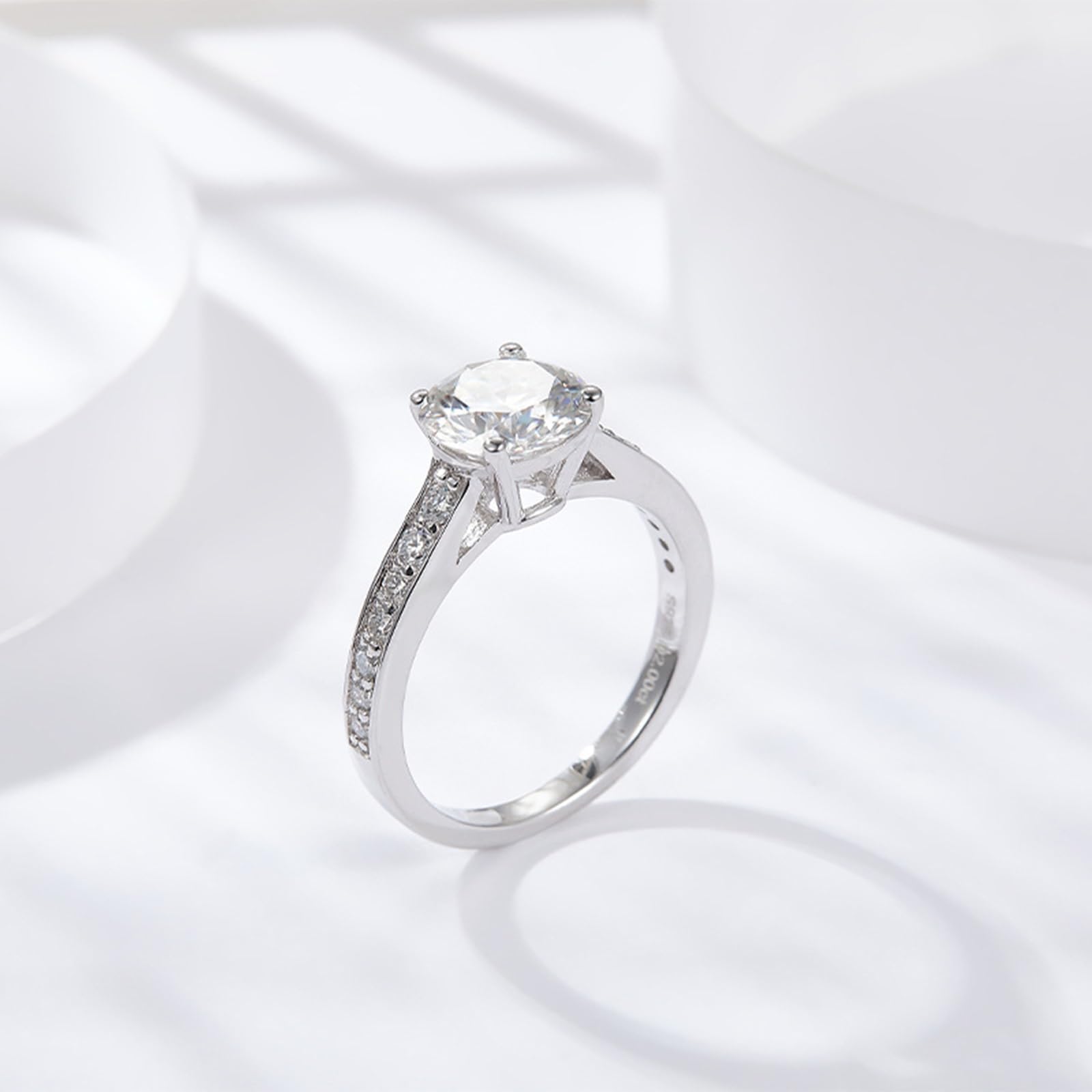Anello di fidanzamento da donna, fantasia, anello indice da donna, 4 artigli con taglio rotondo da 2 carati, moissanite in argento 925, misura 57 (18,1)
