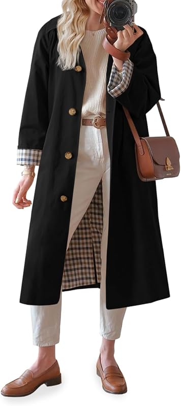 Tankaneo Womens Long Oversized Single Breasted Windproof Trench Coat | Plaid Lining, Lightweight, Trendy，Button down, Fall fashion,Outerwear