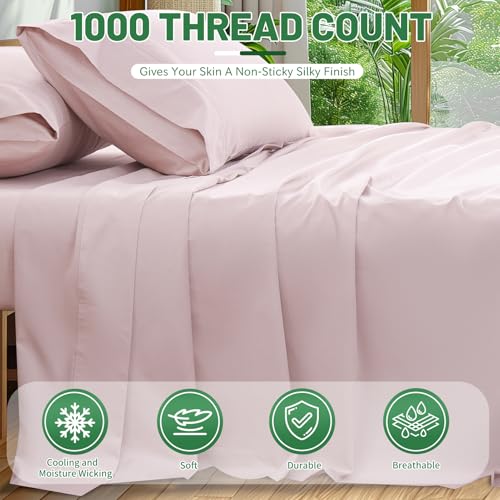Image of 1000 Thread Count Egyptian Cotton Sheets Queen Size Set 4PCS Sateen Weave Soft Breathable 16-Inch Deep Pocket(Queen,Light Pink)