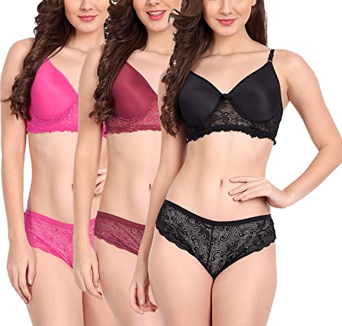 Image of FIMS - Fashion is my style Women Cotton Floral Lace Padded, Non-Wired, Full Coverage, Seamless Bra Panty Set, Multicolor, Lingerie Set