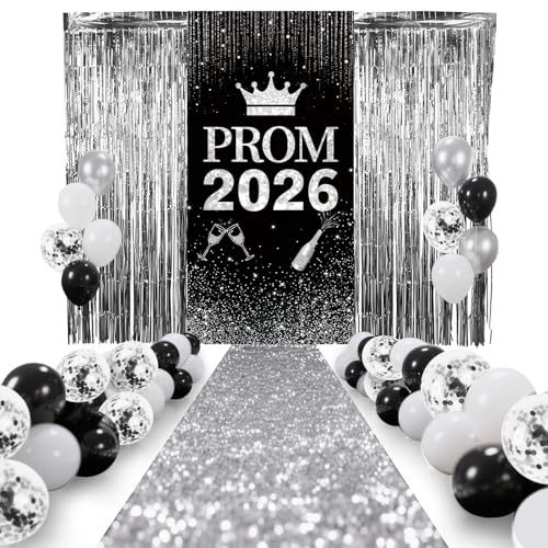 Prom 2026 Party Decorations Set Glitter Carpet Runner 15 x 2ft Runway Rug for Prom Party with Prom 2026 Door Banner Tinsel Foil Fringe Curtains Balloons for Graduation Prom Decoration (Silver)