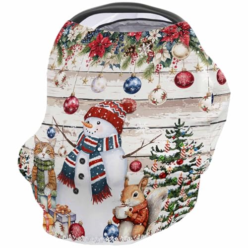 Nursing Cover for Breastfeeding Scarf, Merry Christmas Snowman Poinsettia Xmas Tree Squirrel Baby Car Covers Super Soft Multi Use for Canopy Shopping Cart Cover Blanket Stroller Cover