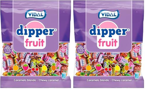 Dipper Vidal Golosinas Dipper Fruit. Caramelo blando masticable con zumo de frutas. Sabores frutales: piña, limón, naranja, fresa y cereza. Bolsa de 1kg. (Paquete de 2)