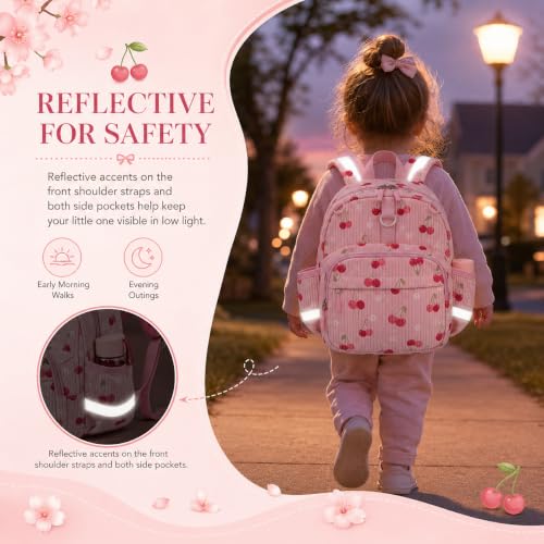 Image of LOIDOU Toddler Backpack for Girls Ages 2-4, 12 Inch Mini Preschool Daycare Bookbag with Insulated Snack Pocket, Corduroy Small Kids Travel Backpack, Pink-cherry