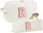 Sac de maquillage initial - Cosmétiques Sacs de maquillage Voyage Cosmétique Sac de toilette mignon pour les femmes Cadeaux fille Adolescents Cadeaux personnalisés (blanc R)