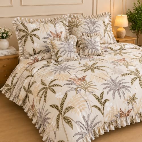 Image of Premium 5-Piece Bedding Set | King Size Double Bedsheet with 2 Frill Pillow Covers 2 Frill Cushion Covers & 2 Cushion Fillers | All-Season Bedding for Home (225 x 254 cm, Goa Leaf Cream)