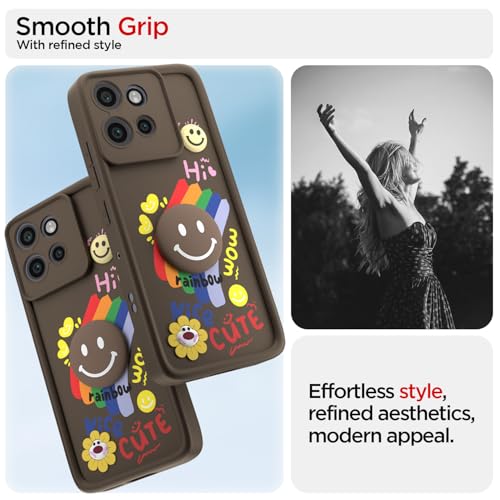 Image of Pikkme Back Cover for Motorola Moto Edge 50 Neo 5G | Soft Silicone| Cute Rainbow Smile & 3D Cartoon Flower Design | Shockproof Raised Camera Protection Bumper Case (Brown)