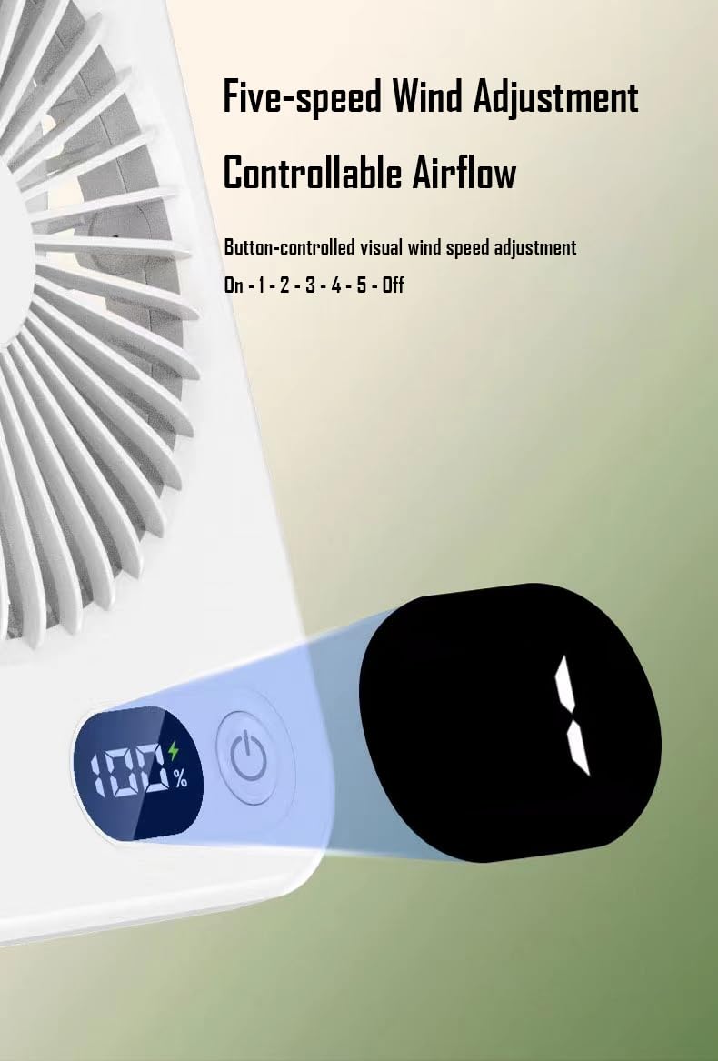 Ventilador USB portátil recargable – Ultra silencioso de 5 velocidades plegable de 180° de inclinación con pantalla LCD | Ventilador plegable de flujo de aire fuerte alimentado por batería 9