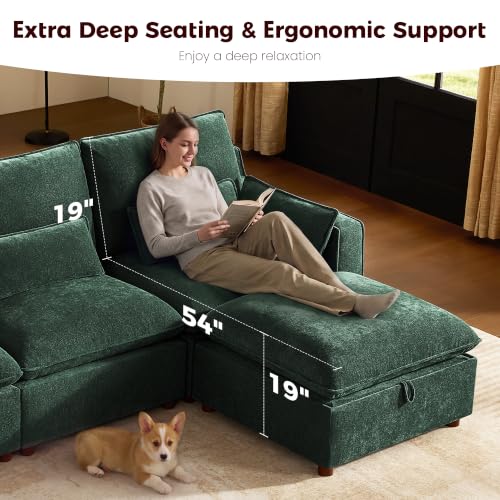 Image of WorthFurni Modern Modular Sectional Sofa,105 inch V Shape Sectional Cloud Couch with Storage Ottoman,Comfty 6 Seat Sofa for Living Room,Green Chenille