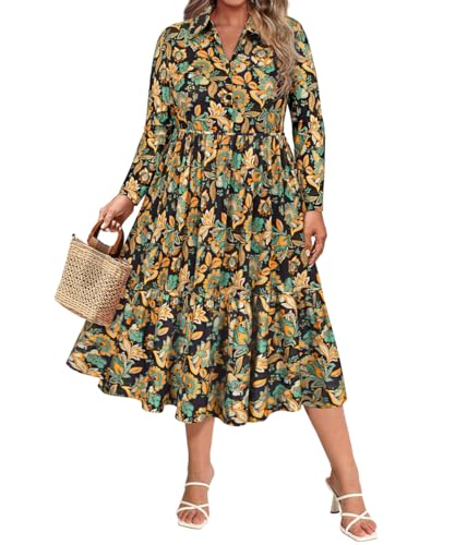 CARCOS Plus Size Dresses for Curvy Women Collared Vneck Long Sleeve Dresses Midi Fall Winter Dress with Pocket XL-5XL