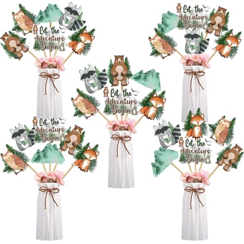 Jollyboom Woodland Baby Shower Decorations Boy Girl, 24pcs Let The Adventure Begin Centerpiece Table Decoration, Double-Sided Forest Animals...