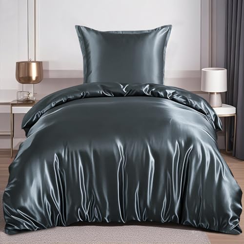 RUIKASI Satin Bettwäsche 135x200 Grau - Luxus Bettbezug mit Glanz wie Seiden Bettwäsche Set für Haar und Haut, Glänzend Bettwäsche 135x200cm mit Reißverschluss und Kissenbezug 80x80cm
