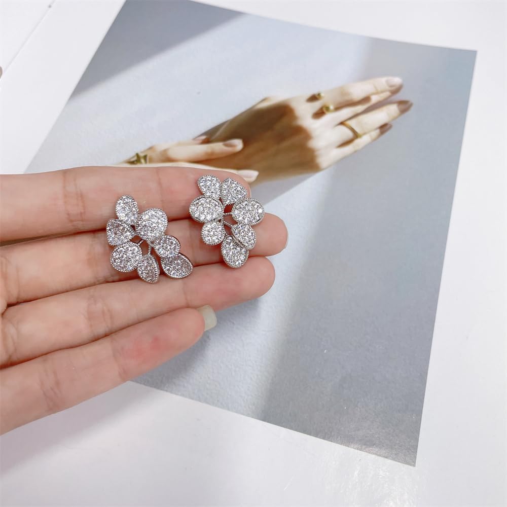Delicate Luxury Flower Leaf Cubic Zirconia Crystal Statement Stud Earrings for Women Dainty 925 Sterling Silver Post Diamond Fashion Trendy Jewelry Wedding Party Gift Her - Image 4
