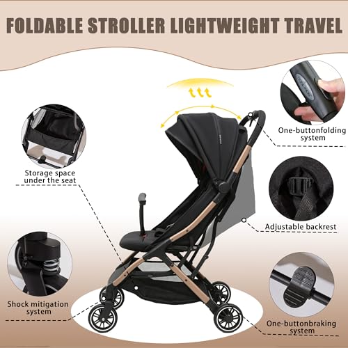 Image of Cool Kids Superb Lightweight Travel Stroller, Auto Fold Buggy Rose Gold | Need an airplane approved toddler stroller? Slide folded rose gold pram like rolling luggage through airport security.