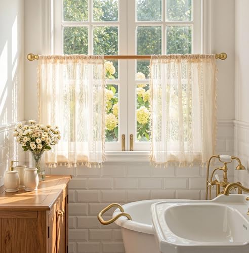 Image of MYSKY HOME Beige Lace Tier Curtains 36 Inch Length 2 Panels Kitchen Cafe Sheer Short Boho Half Country Rod Pocket Curtains for Small Windows Basement Bathroom, 34 inch Wide Each Panel